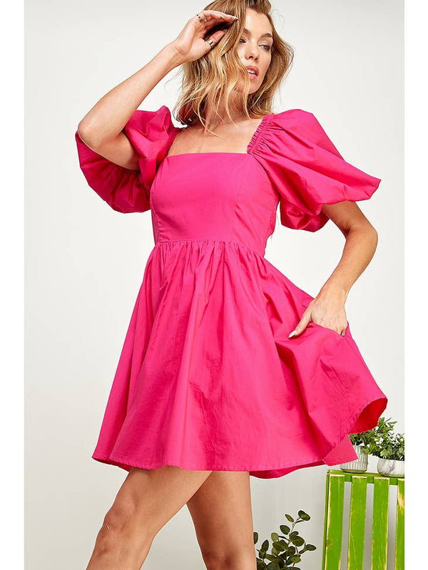 Sweet Lemon - PUFFLED BALLOON SLEEVE TIE BACK DRESS - kentlyn's