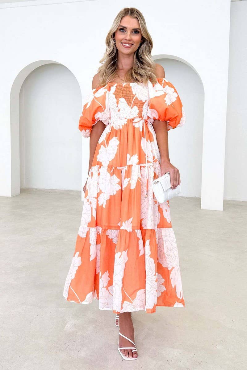Lily Clothing - One shoulder orange puffed up sleeve maxi dress
