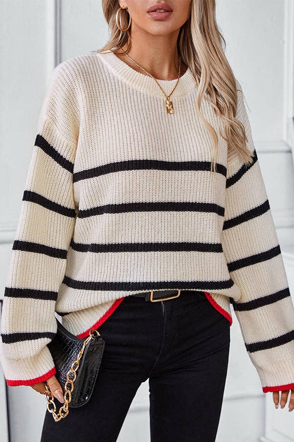 ESLEY-CLASSIC STRIPED CREW NECK SWEATER: Cream Stripe