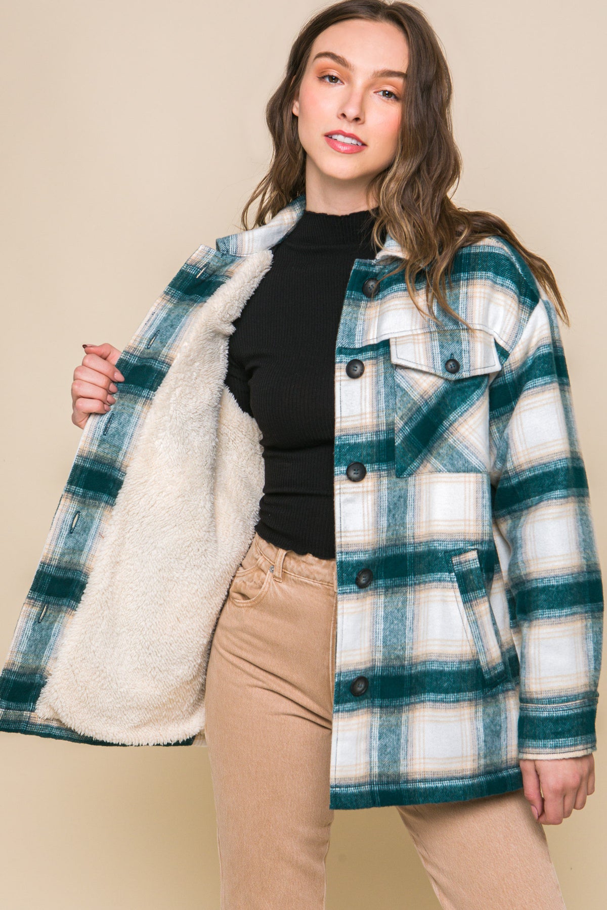 Love Tree Plaid button up shacket with Sherpa Lining
