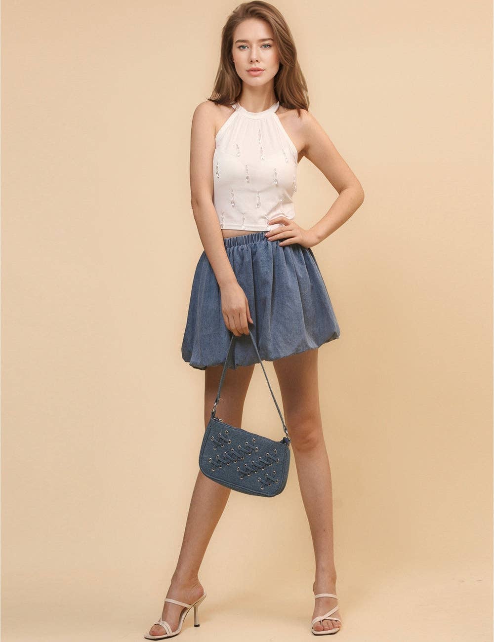 Sweetkama - Ladies Denim Bubble Mini Skirt
