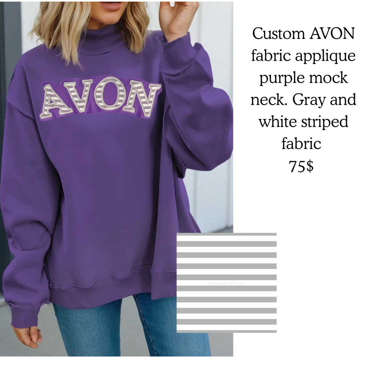 PREORDER THROUGH JULY 5th! AVON Custom gray/white striped fabric applique mock neck