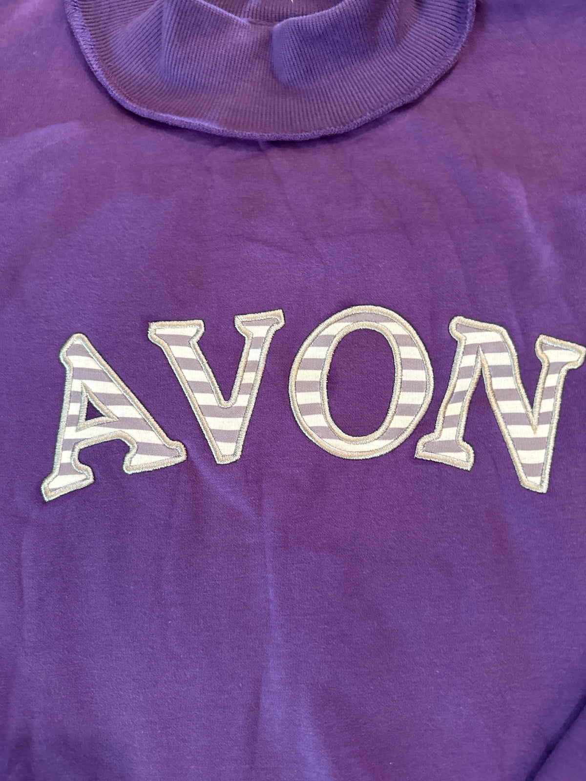 AVON Custom gray/white striped fabric applique mock neck