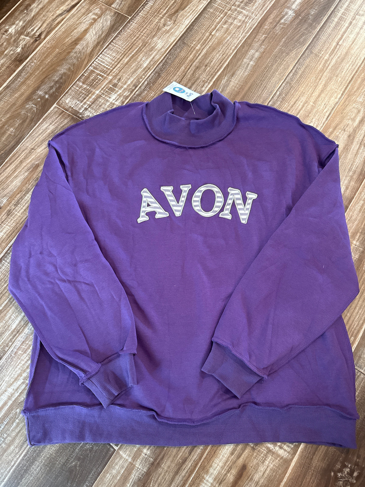 AVON Custom gray/white striped fabric applique mock neck