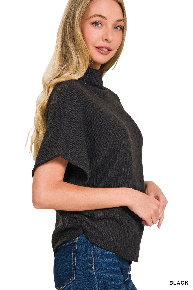 Zenana Black Mock neck side shirred sweater