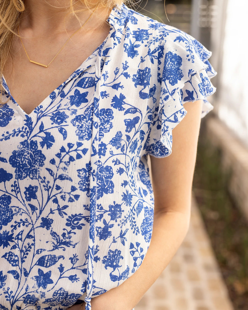 Grace and Lace Ruffle Sleeve Smocked Waist Top in Toile Print