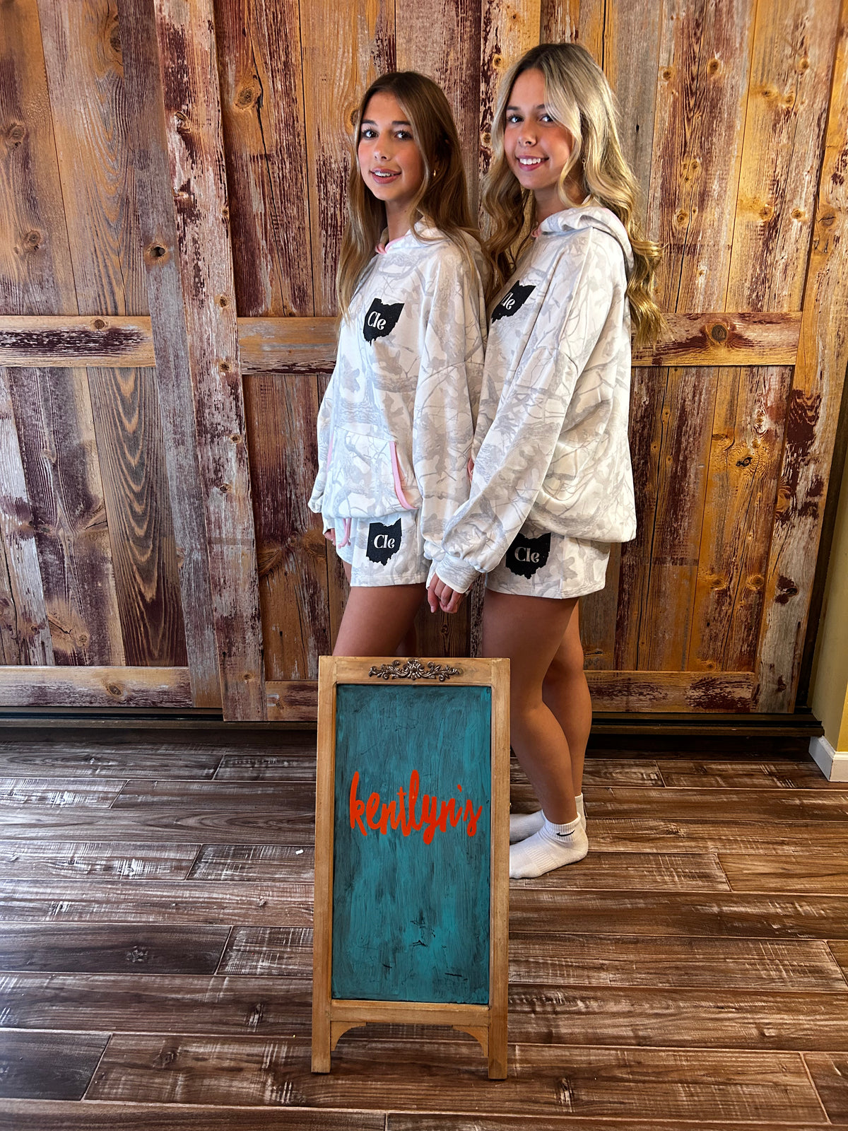 White Camo CLE drawstring shorts with pink tie