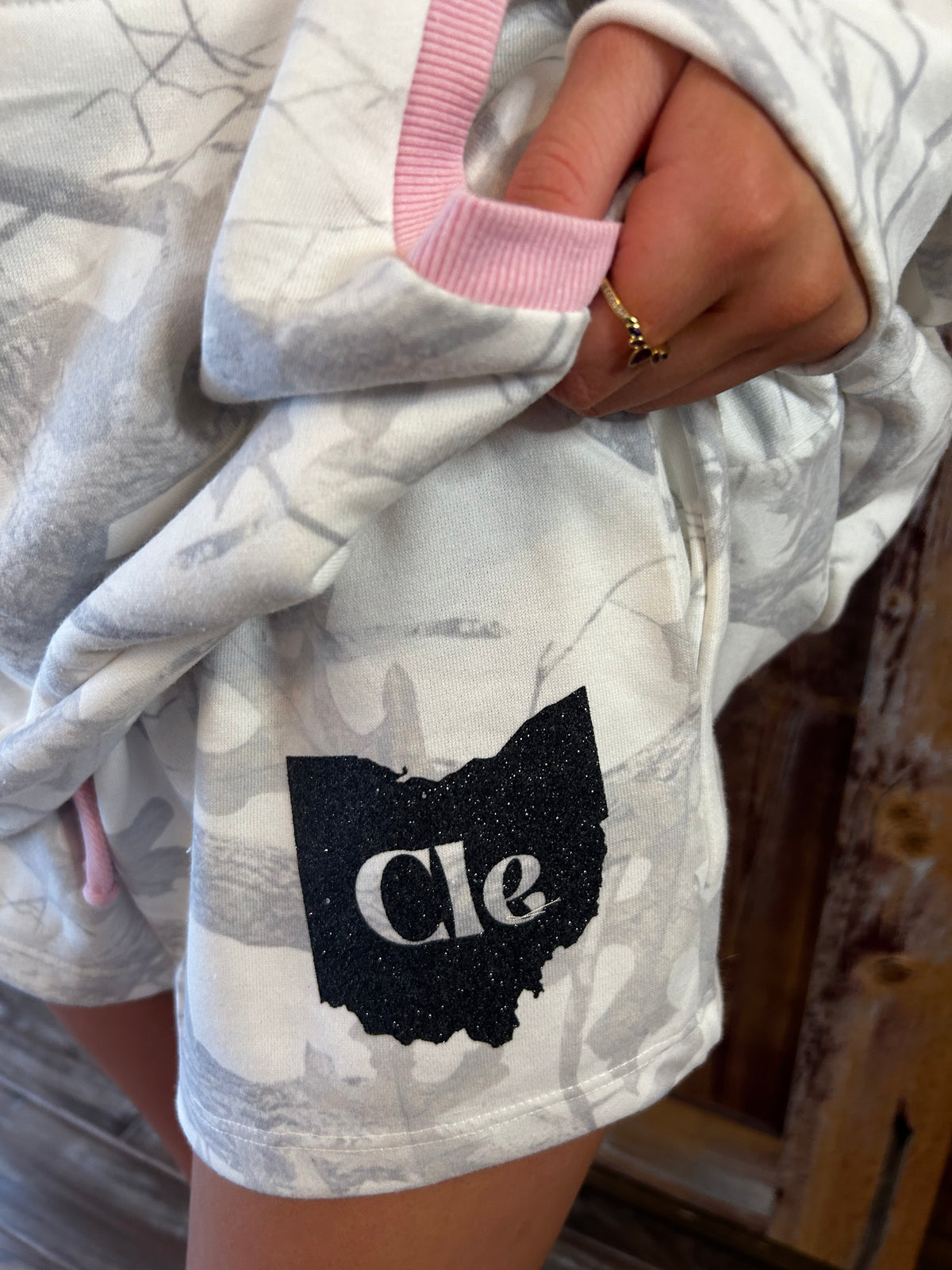 White Camo CLE Hoodie with pink trim