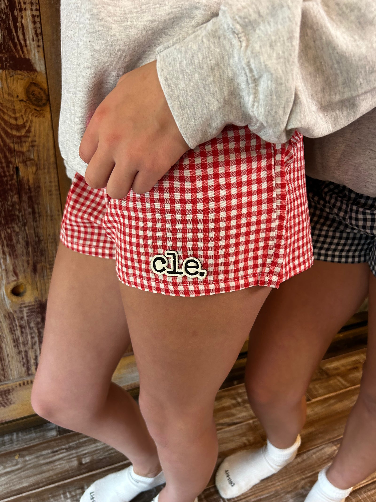 Gingham leather patch shorts - kentlyn's Gingham leather patch shorts - kentlyn's
