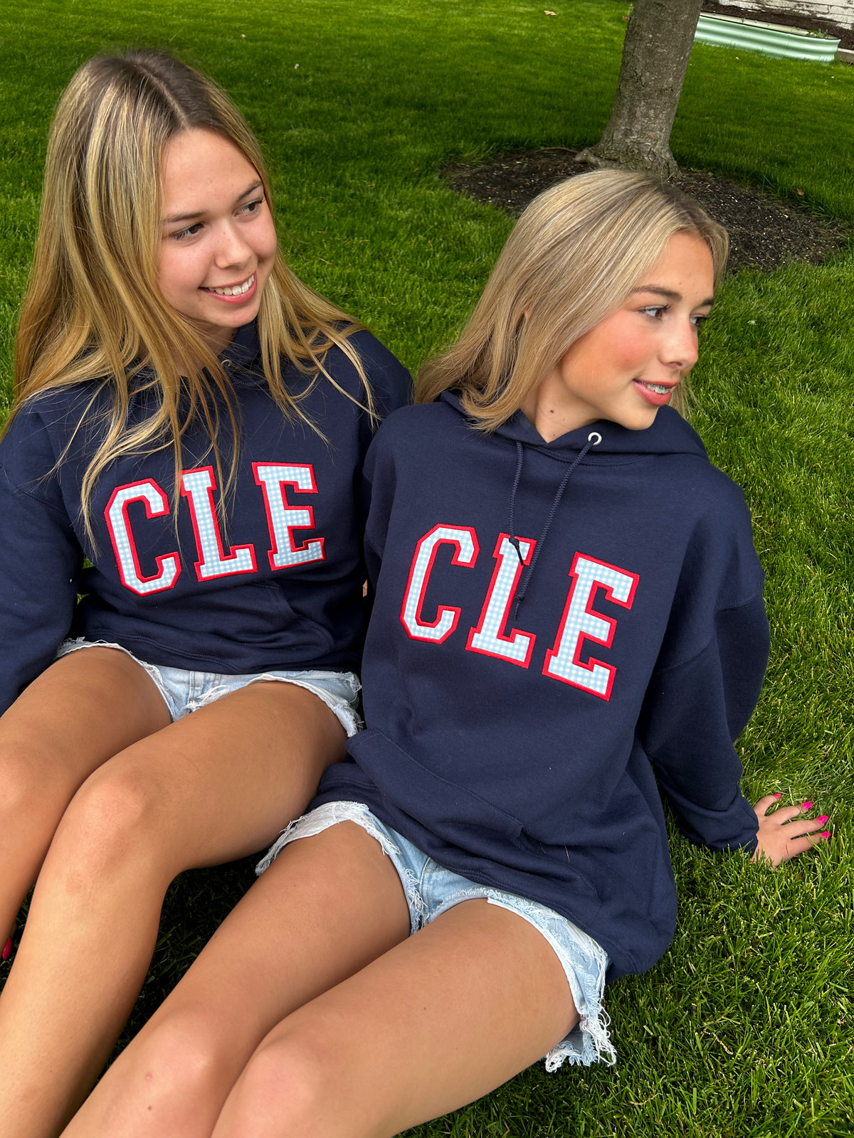 Red, white, and CLE custom gingham navy hoodie