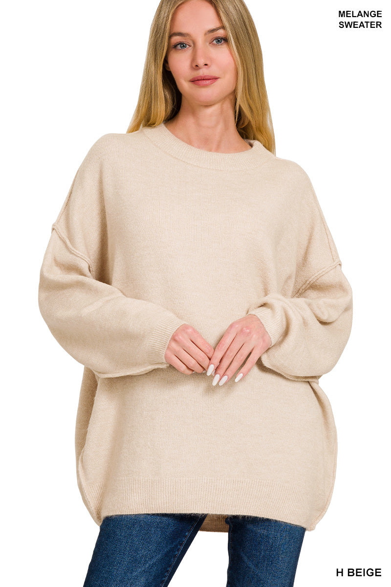 Zenana Oversized round neck raw seam melange sweater