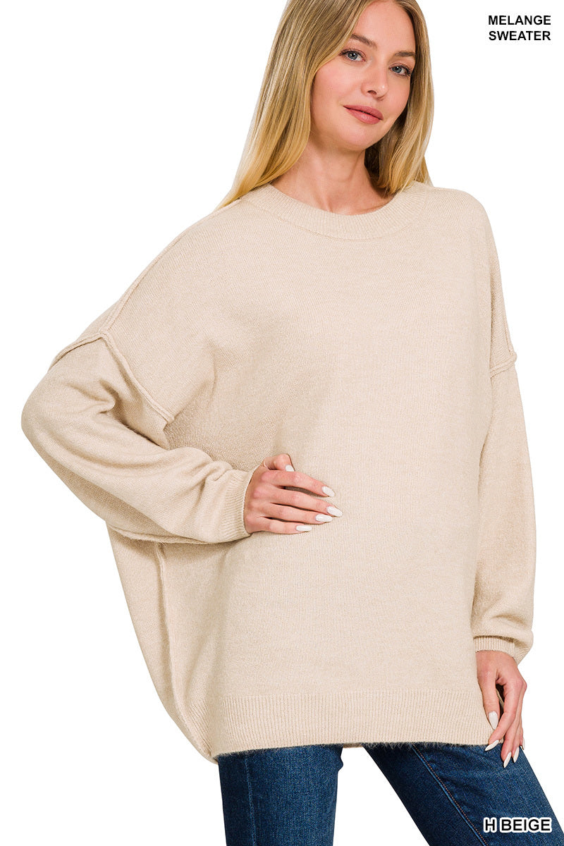 Zenana Oversized round neck raw seam melange sweater