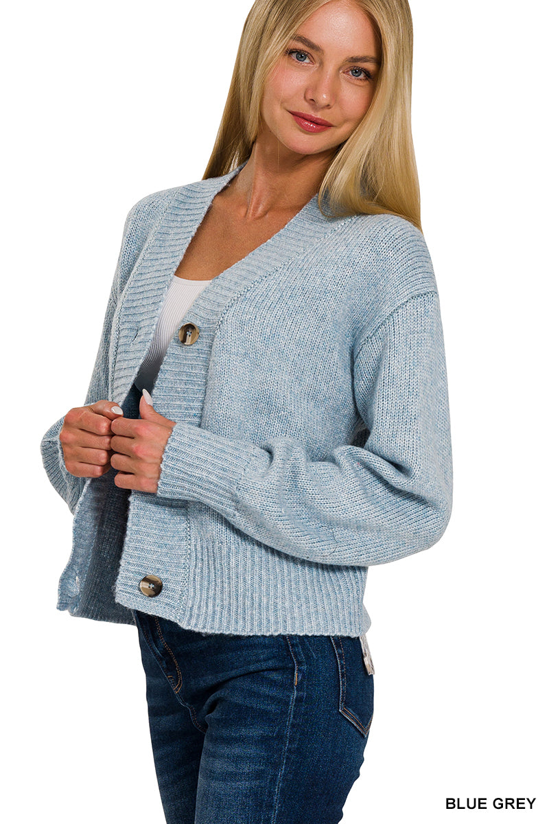 Zenana Melange Button Front Short Sweater