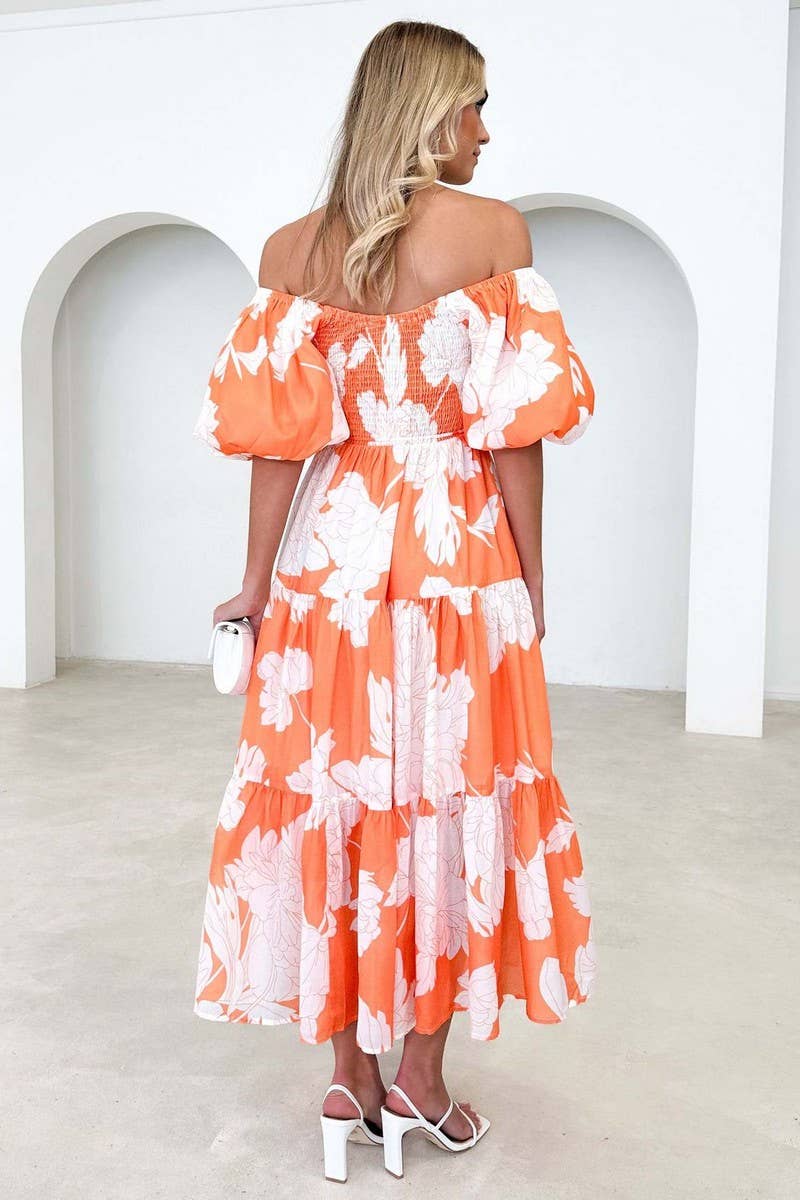 Lily Clothing - One shoulder orange puffed up sleeve maxi dress