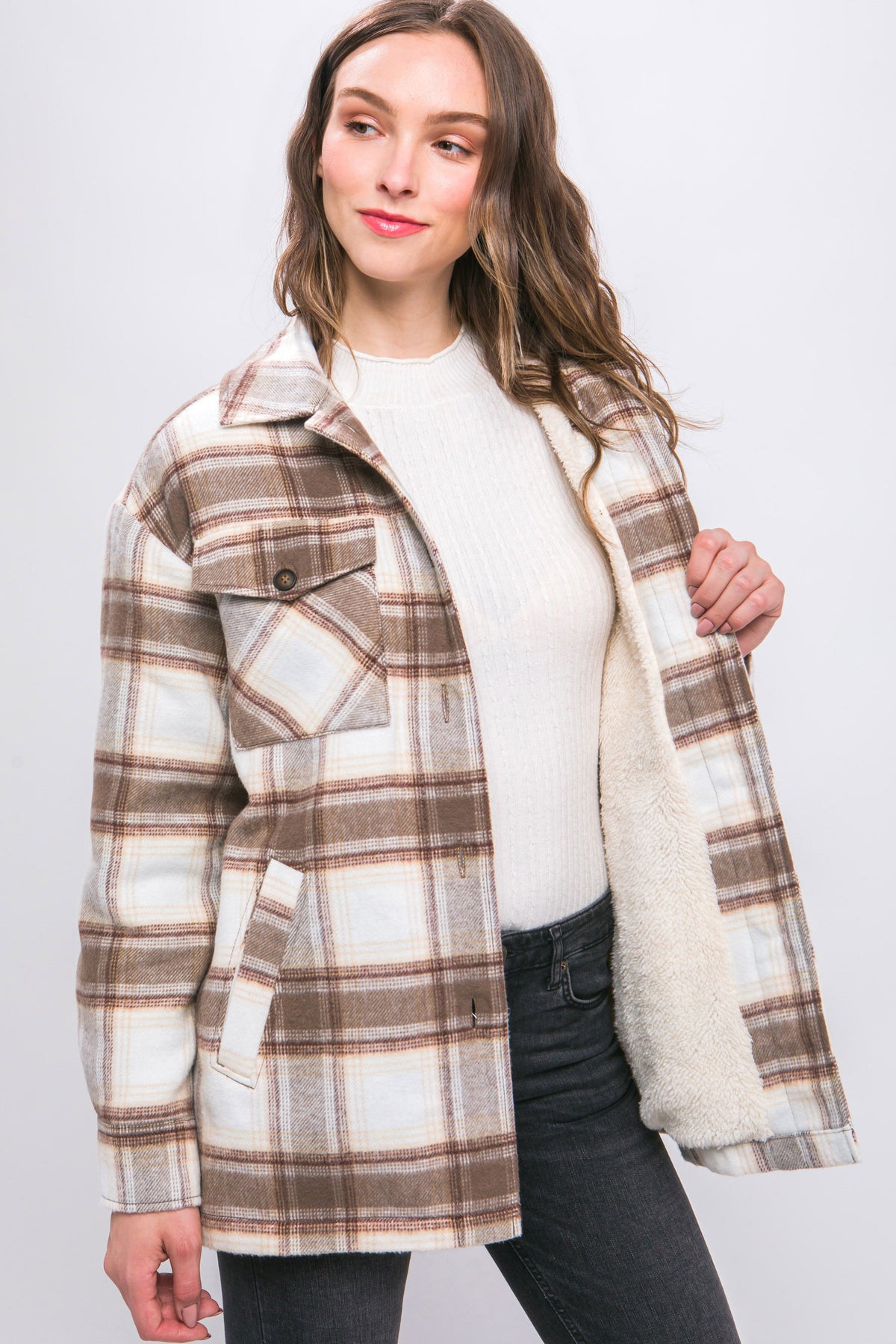 Love Tree Plaid button up shacket with Sherpa Lining