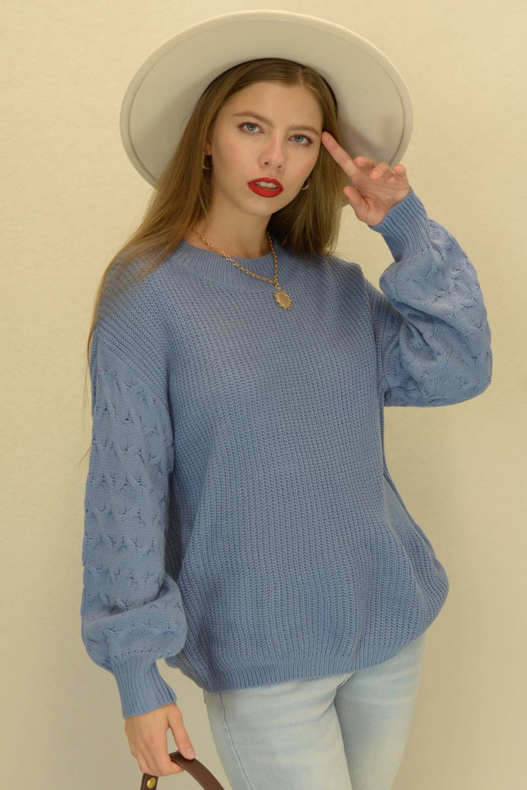 ESLEY  Solid Color Rounded Neck Knit Sweater Top: DUSTY BLUE