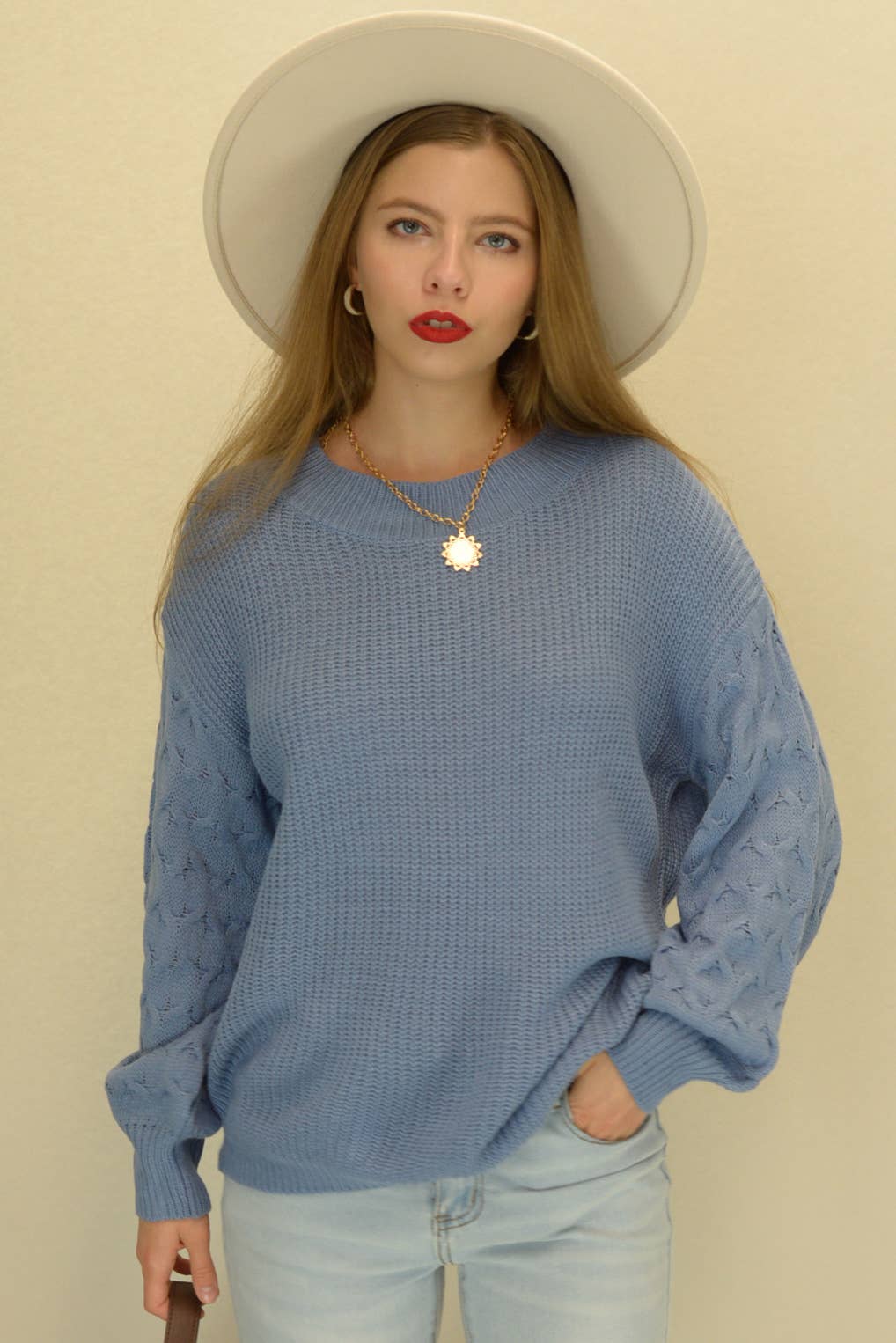 ESLEY  Solid Color Rounded Neck Knit Sweater Top: DUSTY BLUE