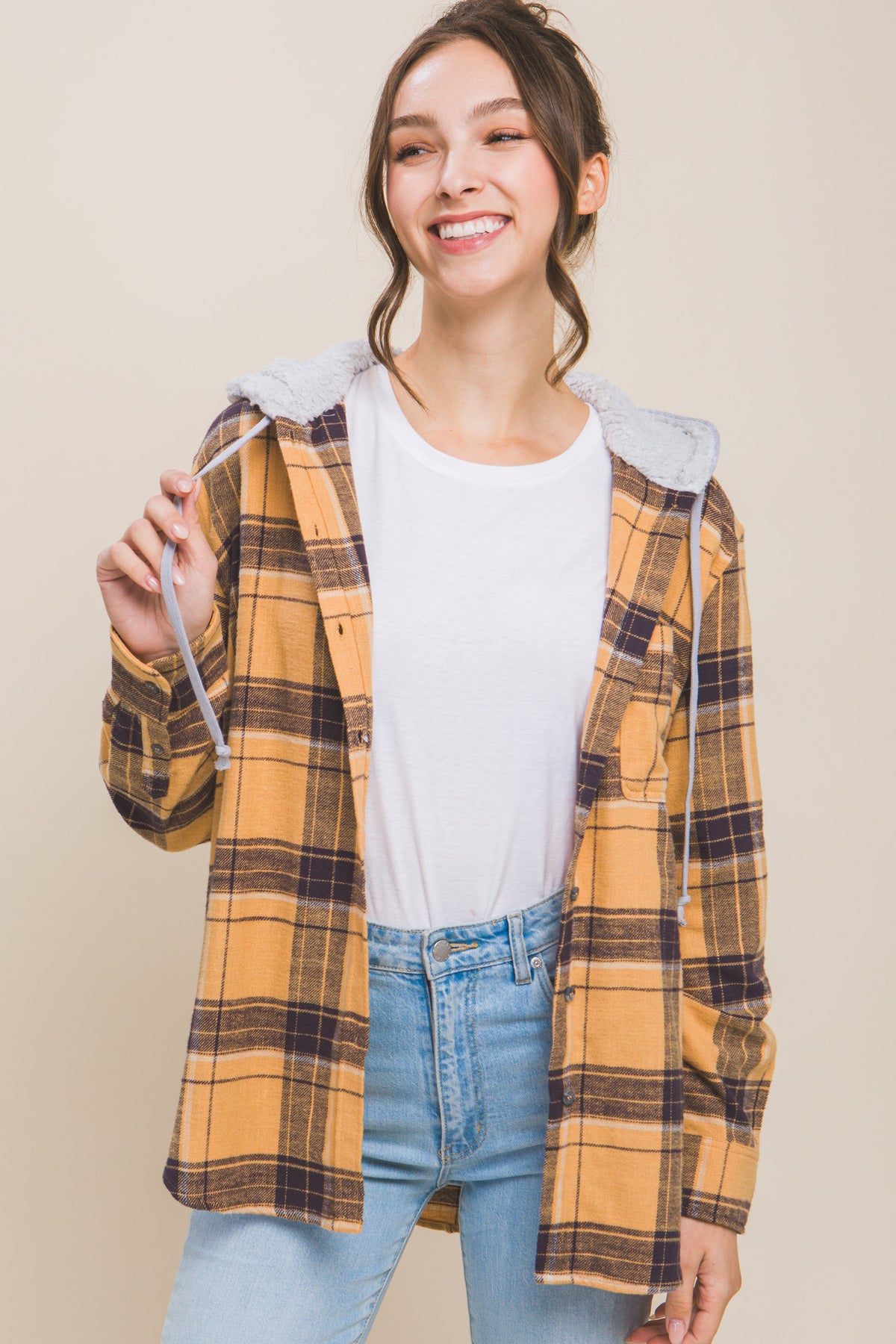 Love Tree Plaid Flannel Button Up Shacket with Hood