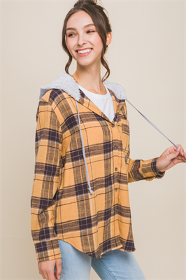 Love Tree Plaid Flannel Button Up Shacket with Hood