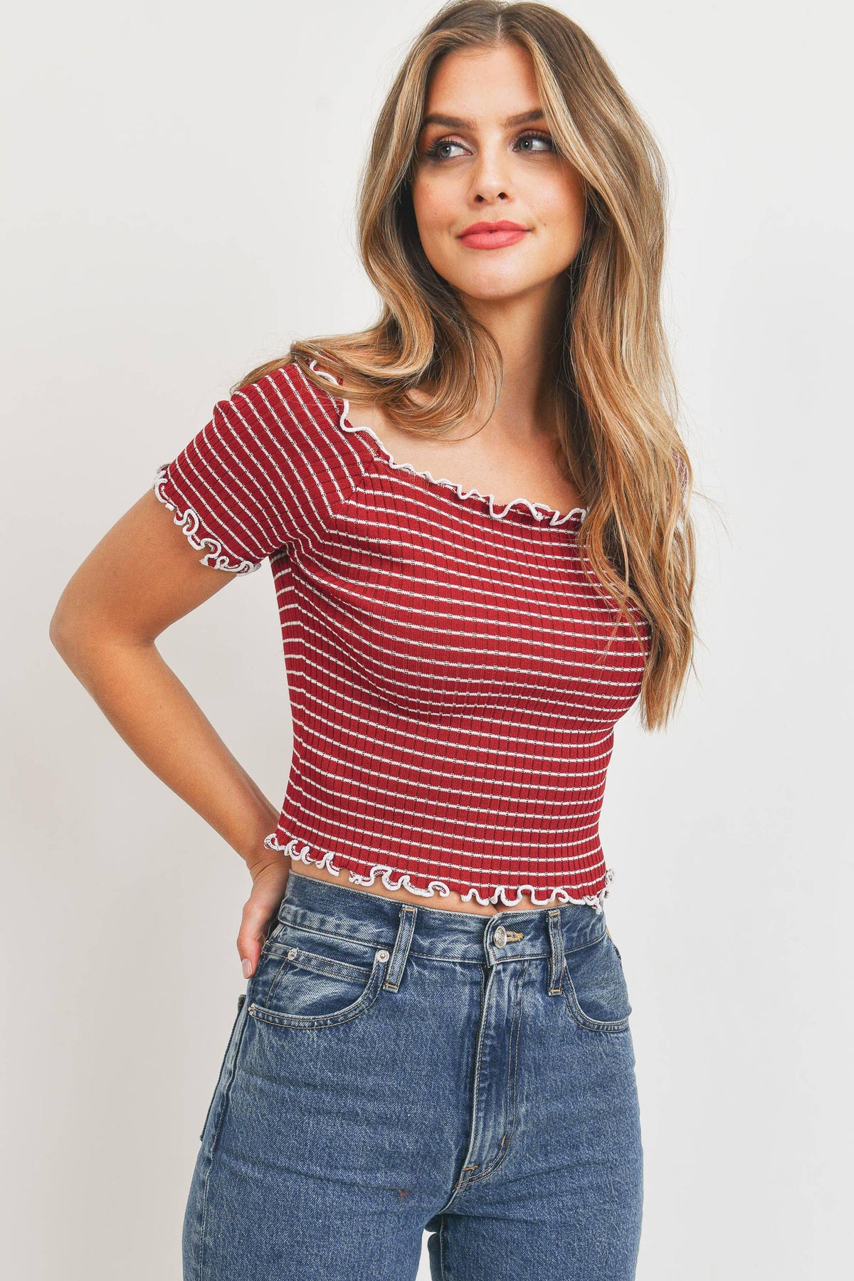 Sweet Rain Ribbed Knit Off The Shoulder Crop Top