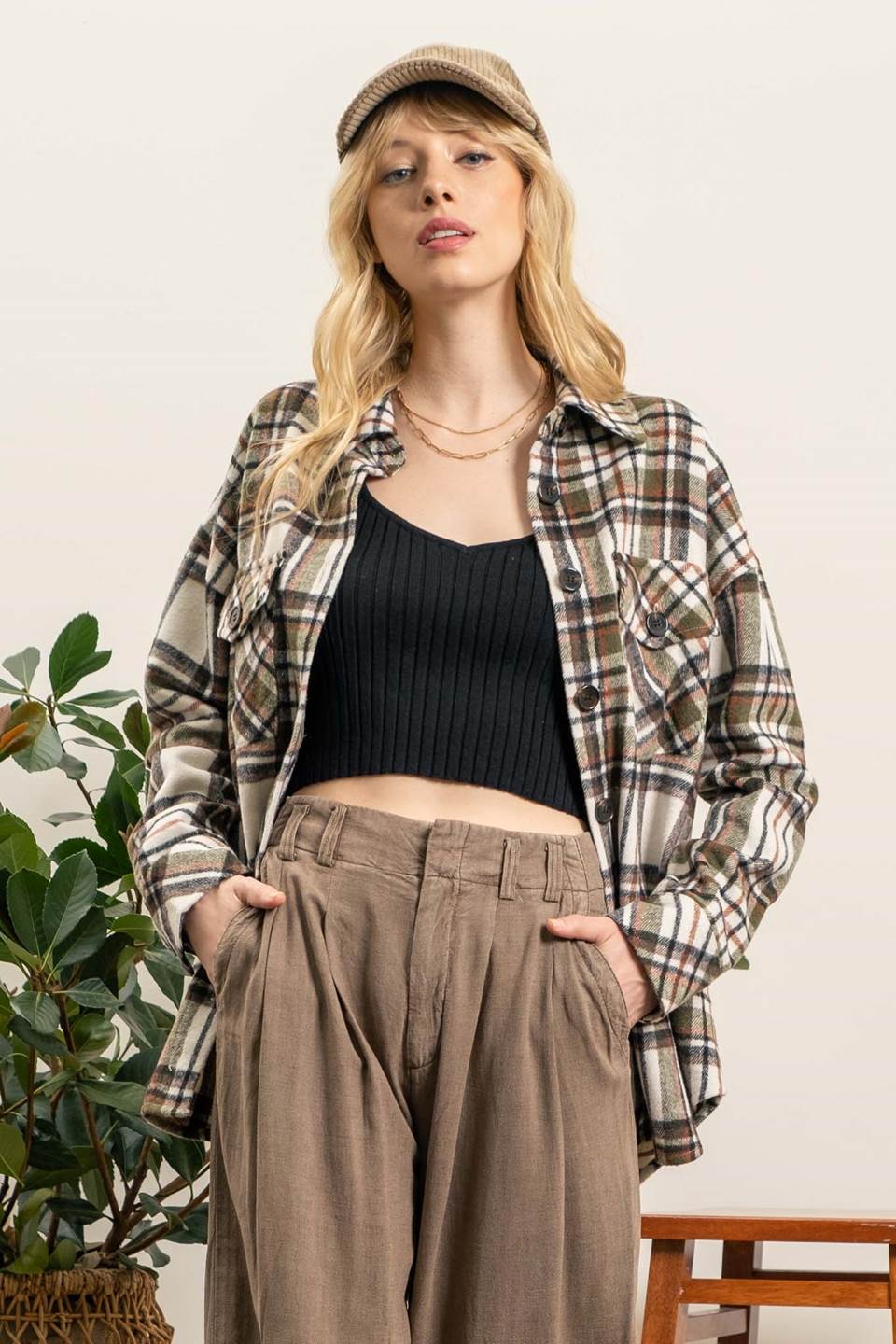 Blu Pepper Button Up Plaid Shacket-Ivory/Green/Brown