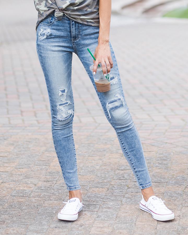 Grace and Lace Pateched Distressed Mid Rise Denim