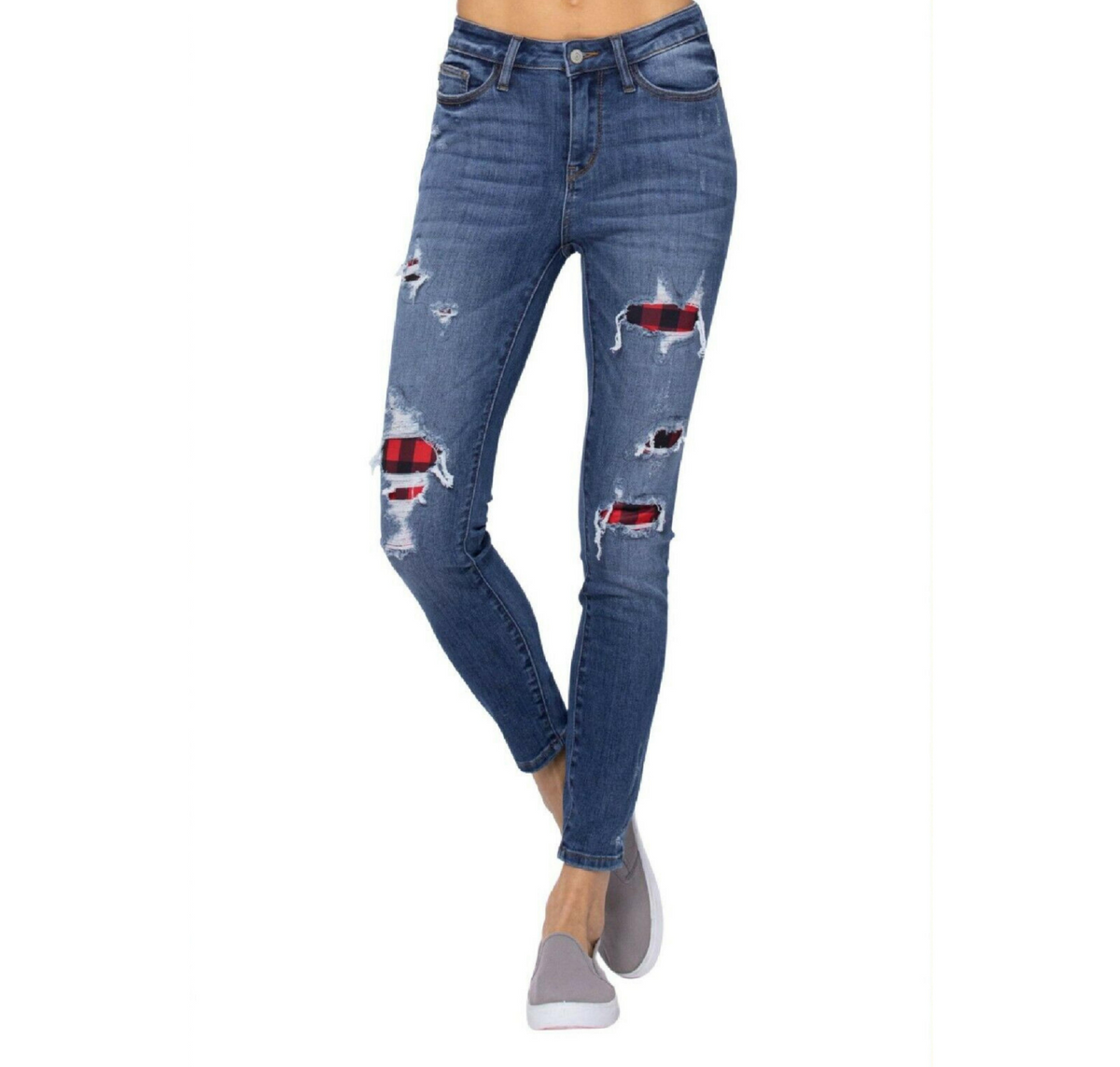 Judy Blue Mid-Rise Buffalo Plaid Patch Skinny Jeans