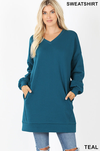 Zenana Oversized V Neck Tunic Sweatshirt