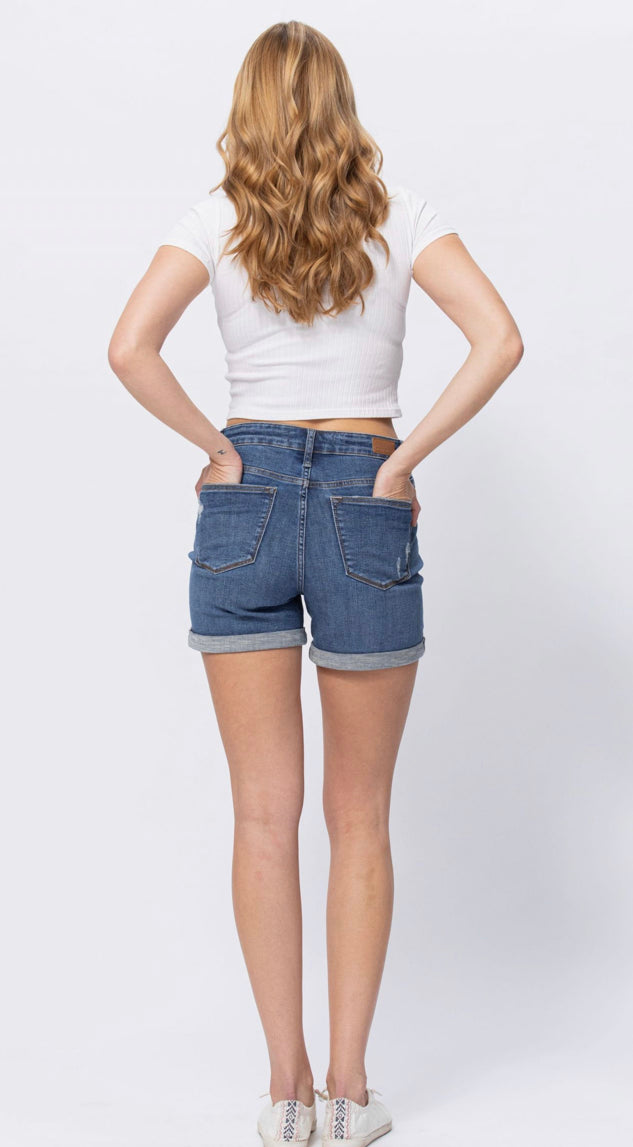 Judy Blue Mid Rise Dandelion embroidery cuffed shorts