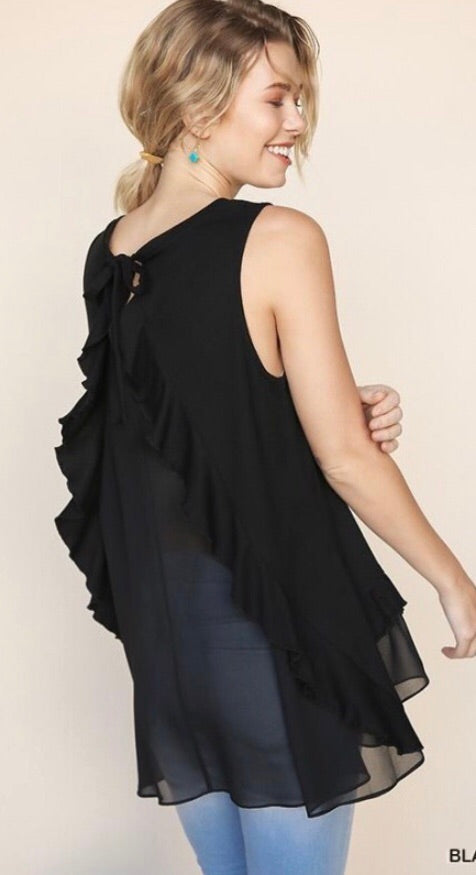 Ribbed Sleeveless Top with ruffles and tie back