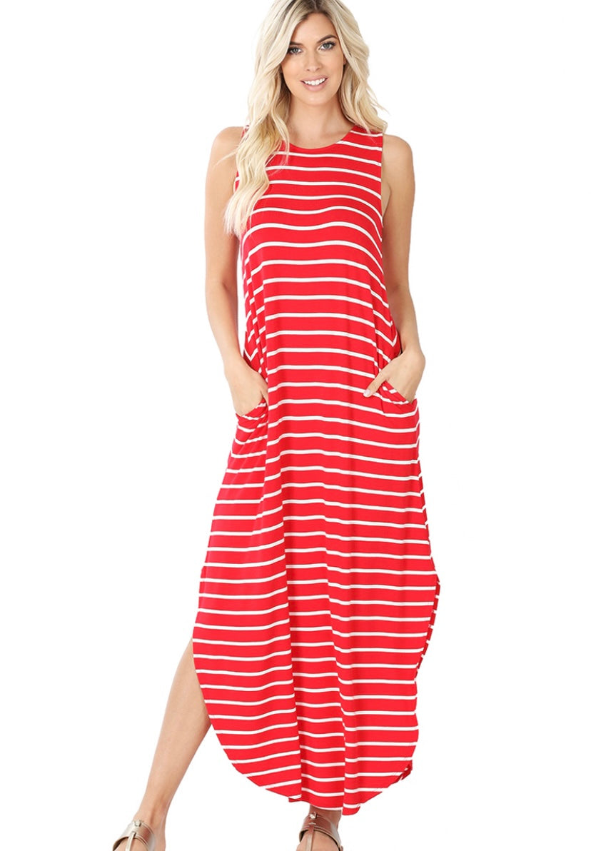 Zenana Striped Sleeveless Side Slits Maxi Dress