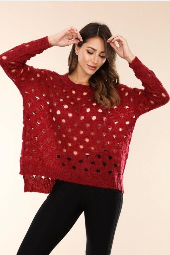Wine knit sweater with open holes