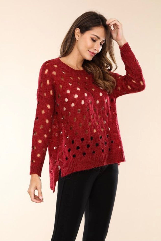 Wine knit sweater with open holes