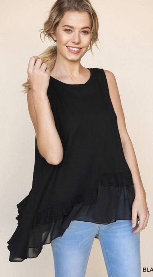 Ribbed Sleeveless Top with ruffles and tie back
