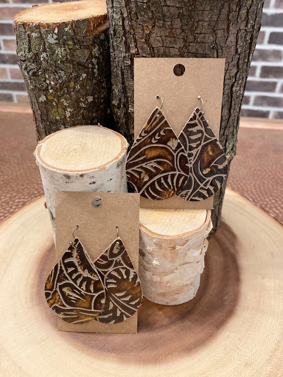 Hide Brown Paisley Leather tear drop earrings