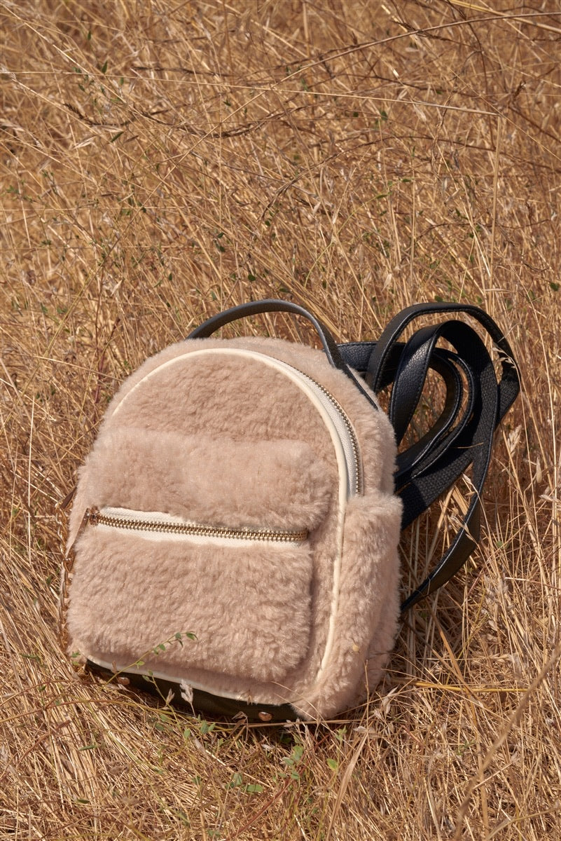 Ivory faux shearling mini teddy bear backpack with chain detail