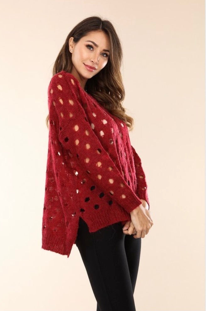 Wine knit sweater with open holes
