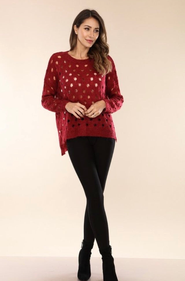 Wine knit sweater with open holes