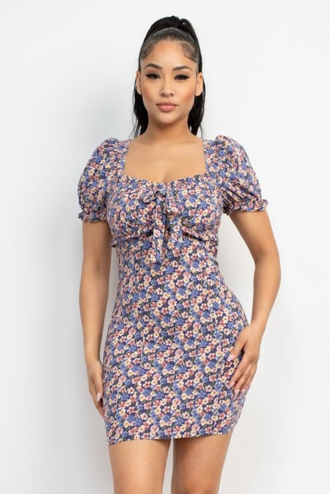 Navy Square Neck Ditsy Floral Dress