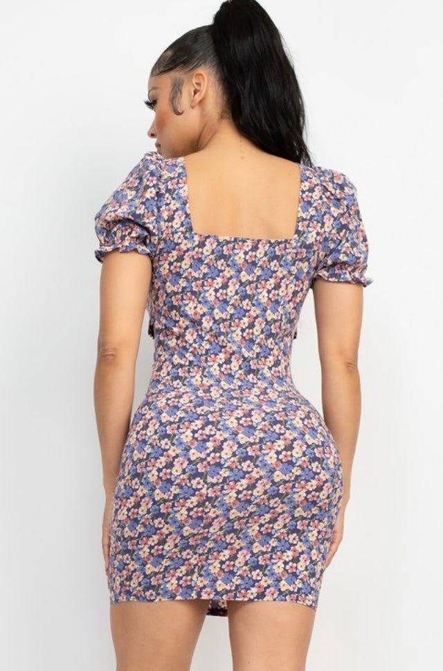 Navy Square Neck Ditsy Floral Dress