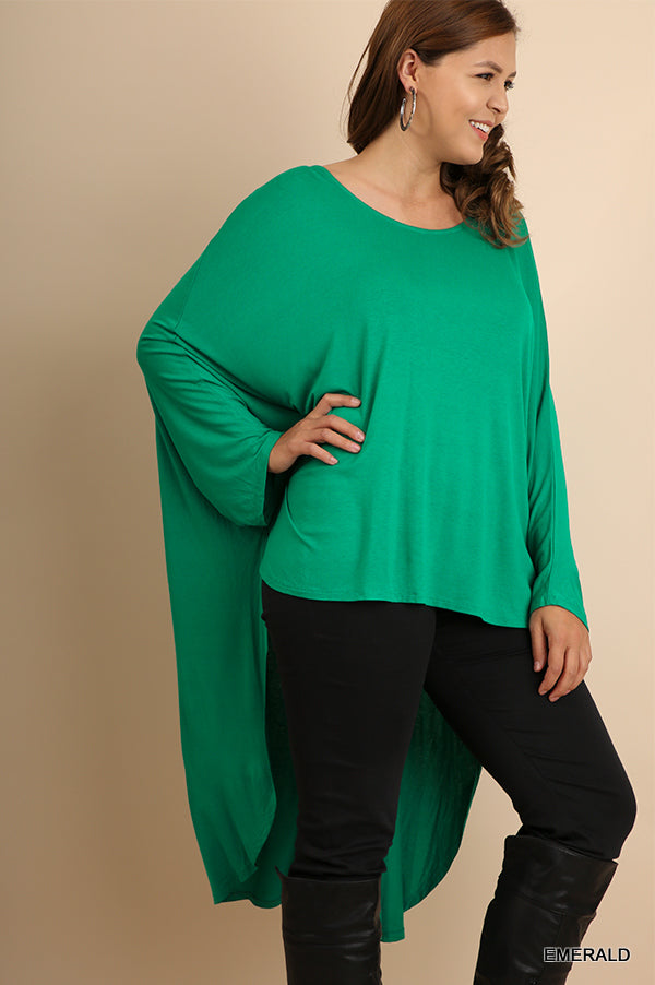 Long Sleeve Scoop Neck Batwing Top with Hi-Lo Scalloped Hem