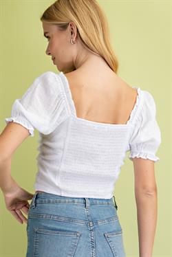 LLOVE Off White Cinched Smocked Crop Top
